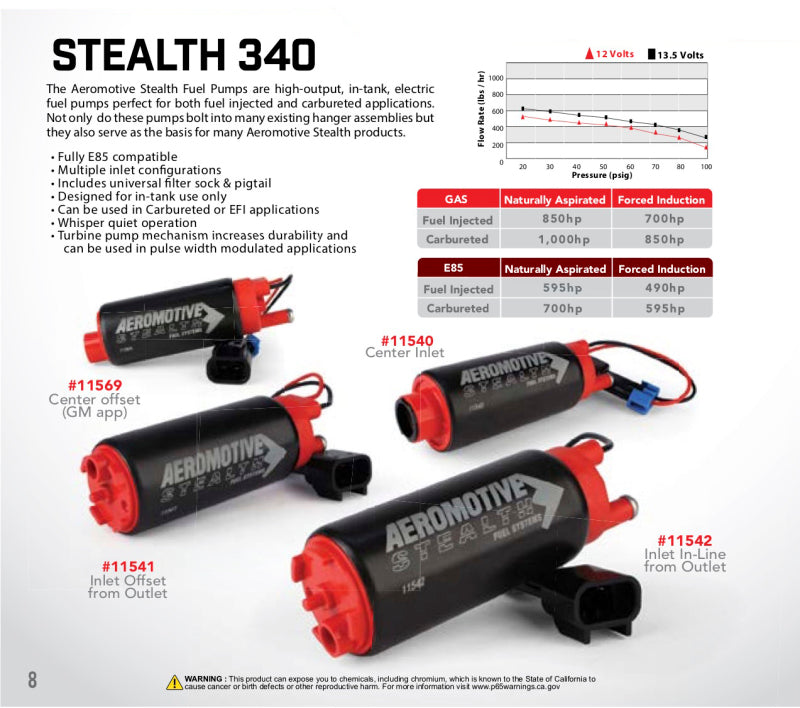 Aeromotive 340 Fuel Pump Offset Inlet 11542 Brochure - A general brochure describing a brand, company, product line.  If brochure in question is for a specific product, use code PDB.