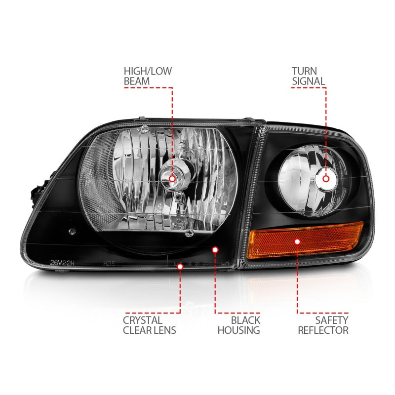 ANZO 1997-2003 Ford F150 Crystal Headlight Black w/ Parking Light 111460 111460 Photo - Unmounted