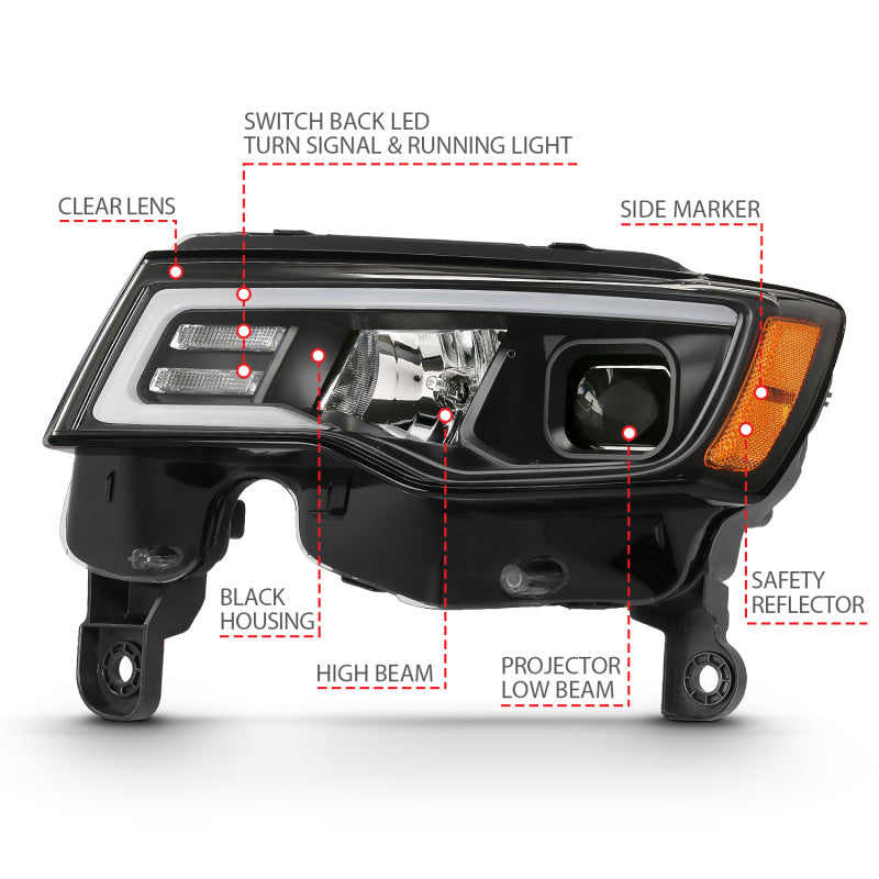 ANZO 2017-2018 Jeep Grand Cherokee Projector Headlights w/ Plank Style Switchback - Black w/ Amber 111418 111418 User 6