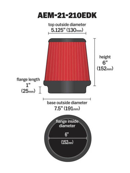 AEM Induction AEM Dryflow 6in. X 6in. Round Tapered Air Filter 21-210EDK 21-210EDK Technical Drawing