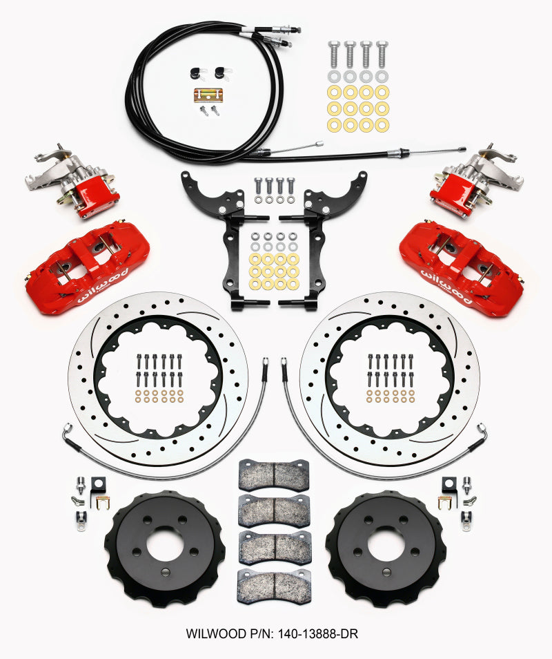 Wilwood AERO4 / MC4 Rear Kit 14.00 Drilled Red 2015-Up Mustang w/Lines & Cables 140-13888-DR 140-13888-DR Photo - Primary