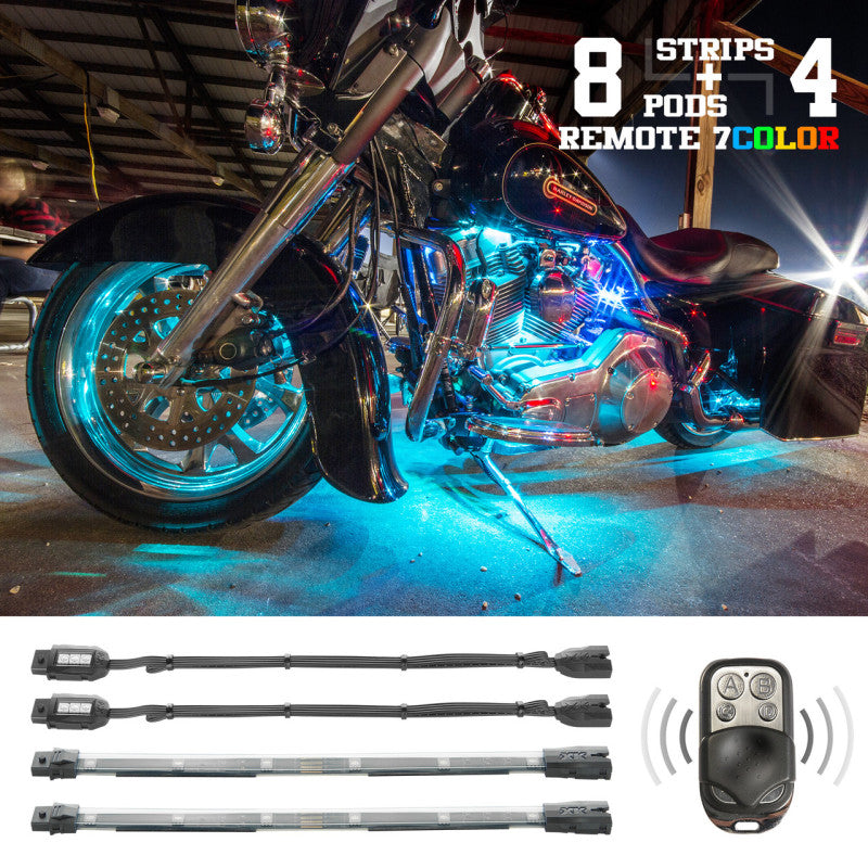 XKGLOW XK Glow Flex Strips 7 Color LED Accent Light Motorcycle/ATV Kit (8xCompact Pods + 4x10In) XK034016