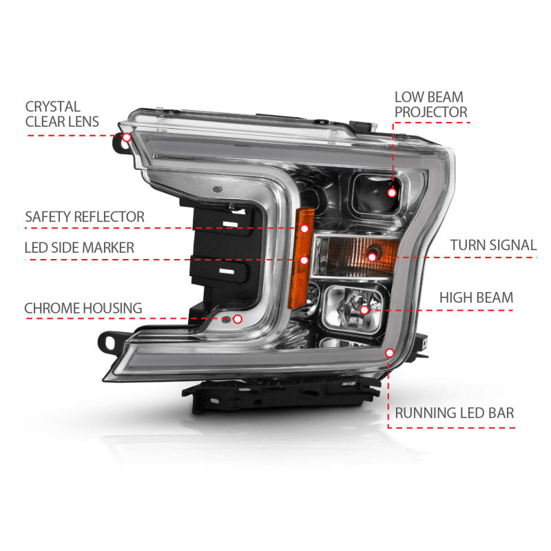 ANZO 2018-2019 Ford F-150 Projector Plank Style H.L. Chrome Amber (Without Switchback) 111468 111468 Photo - out of package