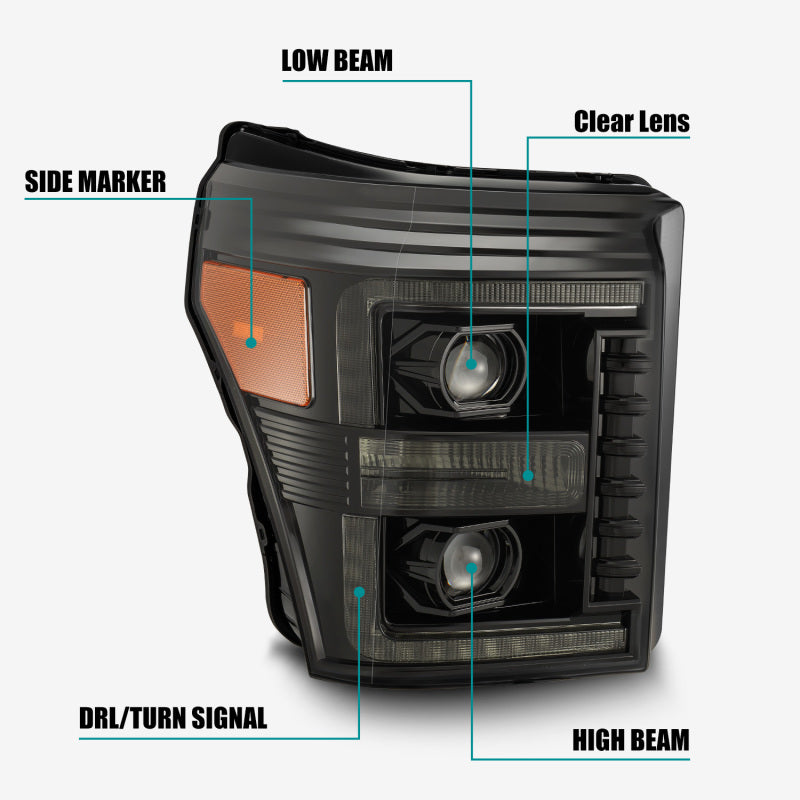 AlphaRex 11-16 Ford F-350 SD LUXX LED Proj Headlights Plank Style Alpha Blk w/Activ Light/Seq Signal 880143 880143 User 4