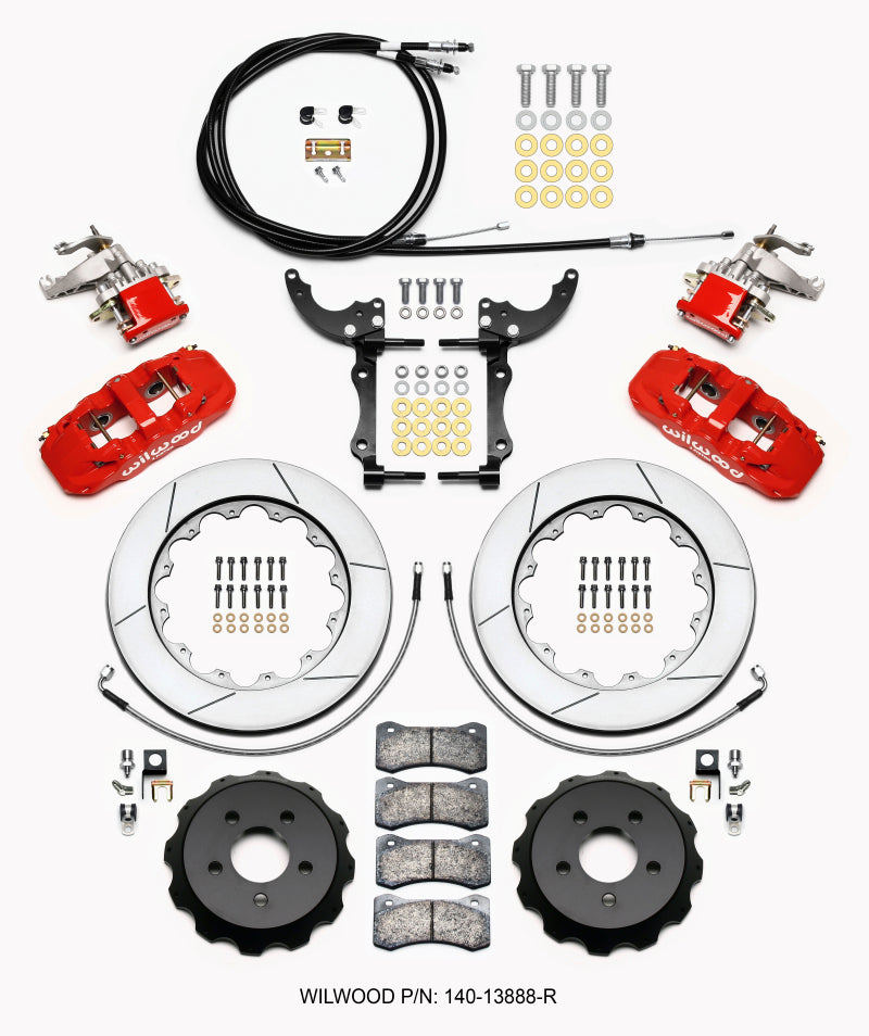 Wilwood AERO4 / MC4 Rear Kit, 14.00, Red, 2015-Up Mustang w/Lines & Cables 140-13888-R Photo - Primary