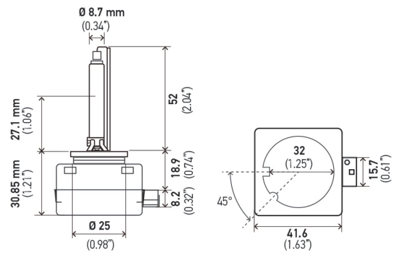 Hella Xenon D1S Bulb PK32d-2 85V 35W 4300k D1S 4300 K D1S 4300 K Technical Drawing