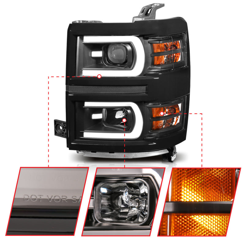 ANZO 14-15 Chevrolet Silverado 1500 Projector Headlights w/ Plank Style Switchback Black w/ Amber 111412 111412 Photo - Close Up