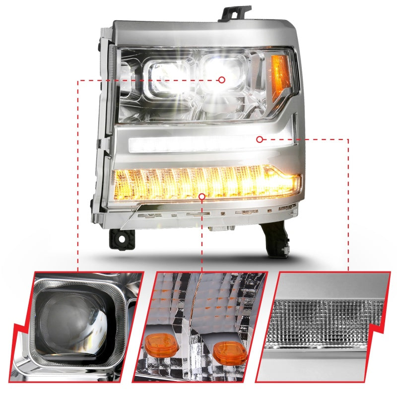 ANZO 16-18 Chevrolet Silverado 1500 LED Projector Headlights w/Plank Style Switchback Chrome w/Amber 111421 111421 Photo - Unmounted