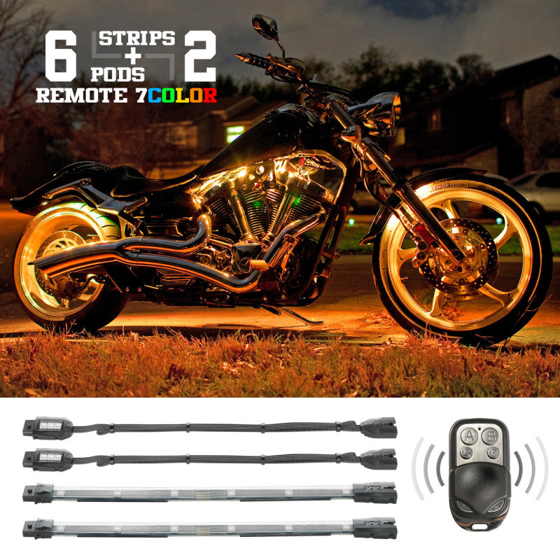 XKGLOW XK Glow Flex Strips 7 Color LED Accent Light Motorcycle/ATV (6xCompact Pods + 2x10In) XK034015