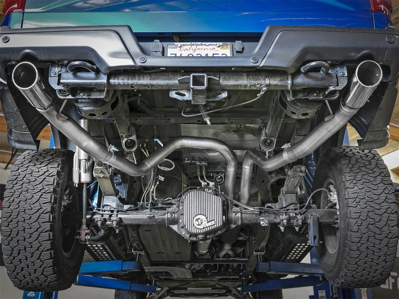 aFe MACHForce-XP 3in to 3-1/2in 304 SS Cat-Back Exhaust w/Polished Tips 17-18 Ford F-150 Raptor 3.5L 49-33094-P 49-33094-P Photo - Mounted