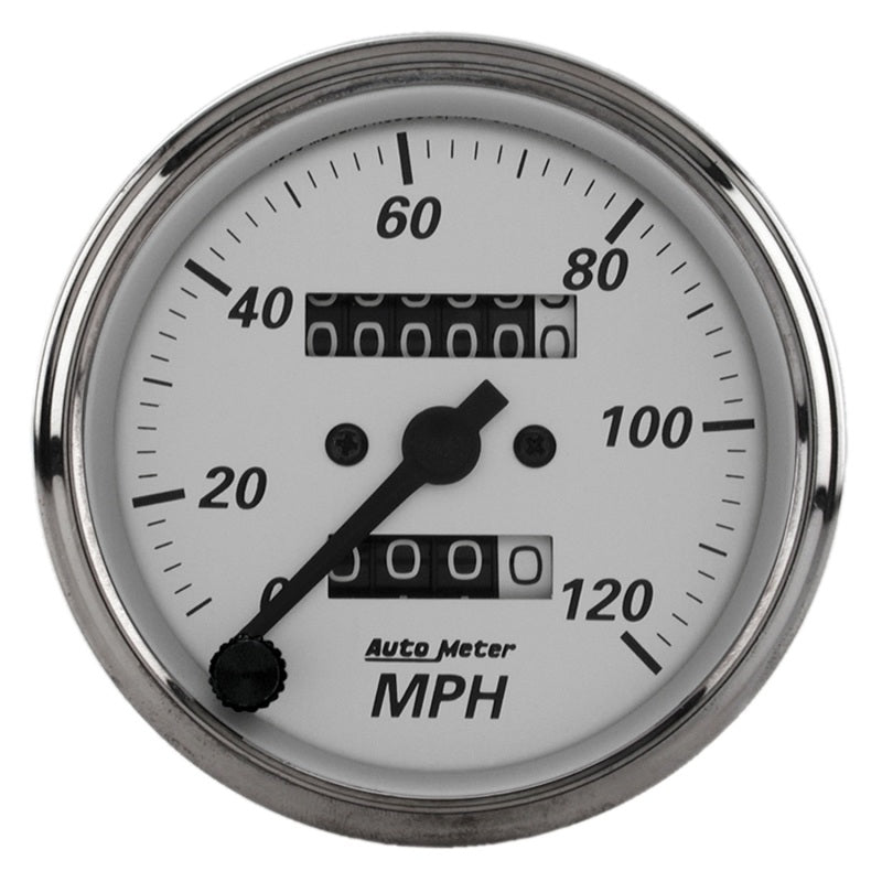 Autometer 3-1/8in Silver Bezel/White Face 120mph Mechanical In-Dash Tacho/Speedometer w/ Trip Gauge 1993 1993 Photo - Primary