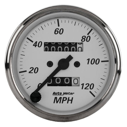 Autometer 3-1/8in Silver Bezel/White Face 120mph Mechanical In-Dash Tacho/Speedometer w/ Trip Gauge 1993 1993 Photo - Primary