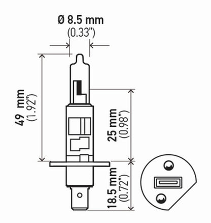 Hella Bulb H1 12V 55W P145S T25 Sb H1SB H1SB Technical Drawing