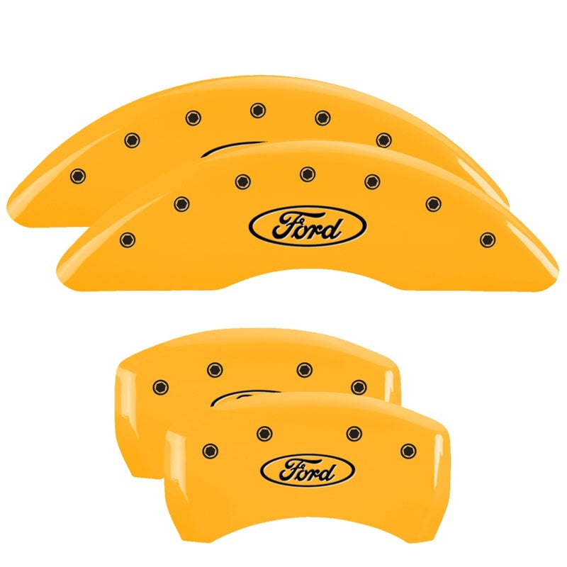 MGP 4 Caliper Covers Engraved Front & Rear Oval Logo/Ford Yellow Finish Black Char 21-22 Ford Edge 10258SFRDYL