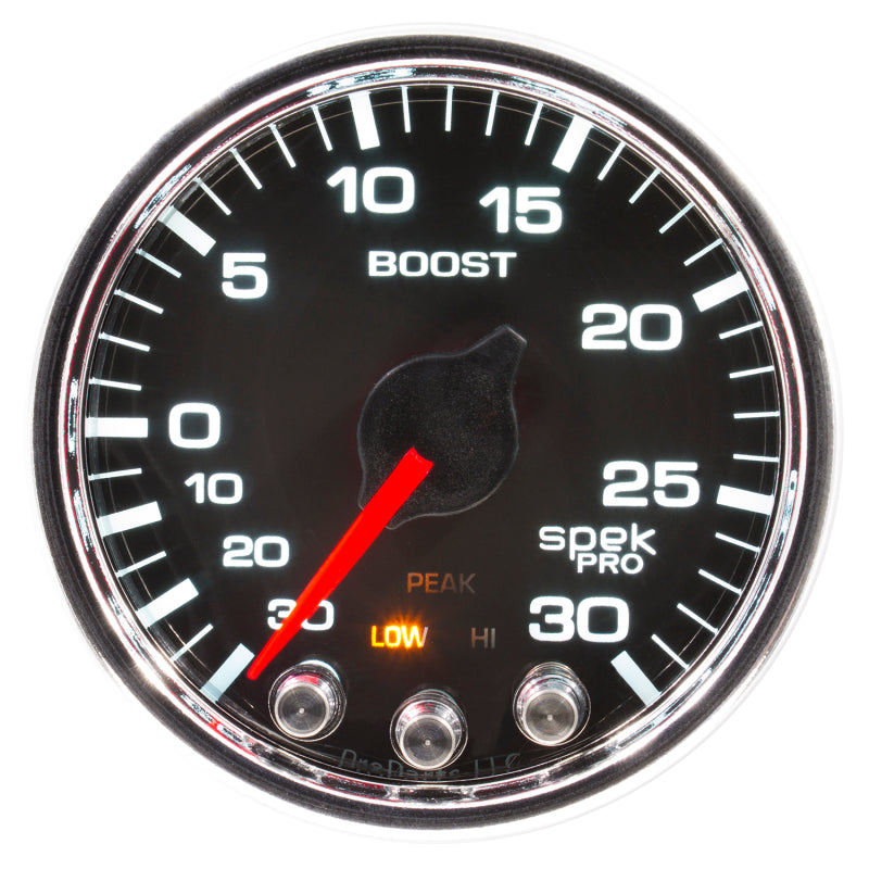 Autometer Spek-Pro Gauge Vac/Boost 2 1/16in 30Inhg-30psi Stepper Motor W/Peak & Warn Black/Chrome P30231 P30231 User 1