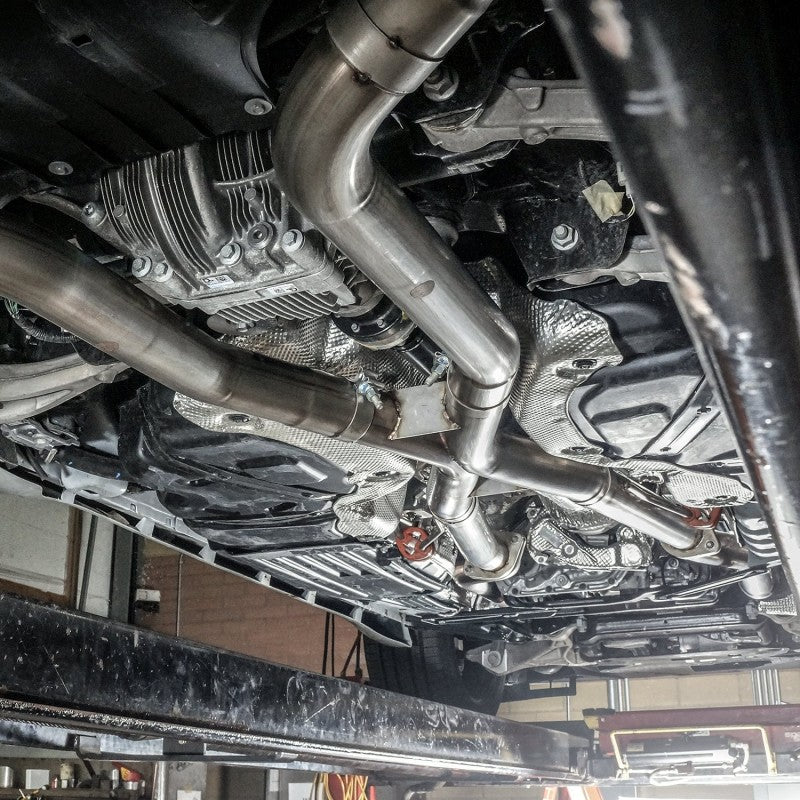 Stainless Works 2018 Jeep TrackHawk 6.2L 3in Catback System X-Pipe Turbo S-Tube Muffler Stock Exit JEEP1862CB-S JEEP1862CB-S Photo - Mounted