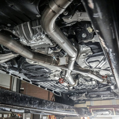 Stainless Works 2018 Jeep TrackHawk 6.2L 3in Catback System X-Pipe Turbo S-Tube Muffler Stock Exit JEEP1862CB-S JEEP1862CB-S Photo - Mounted