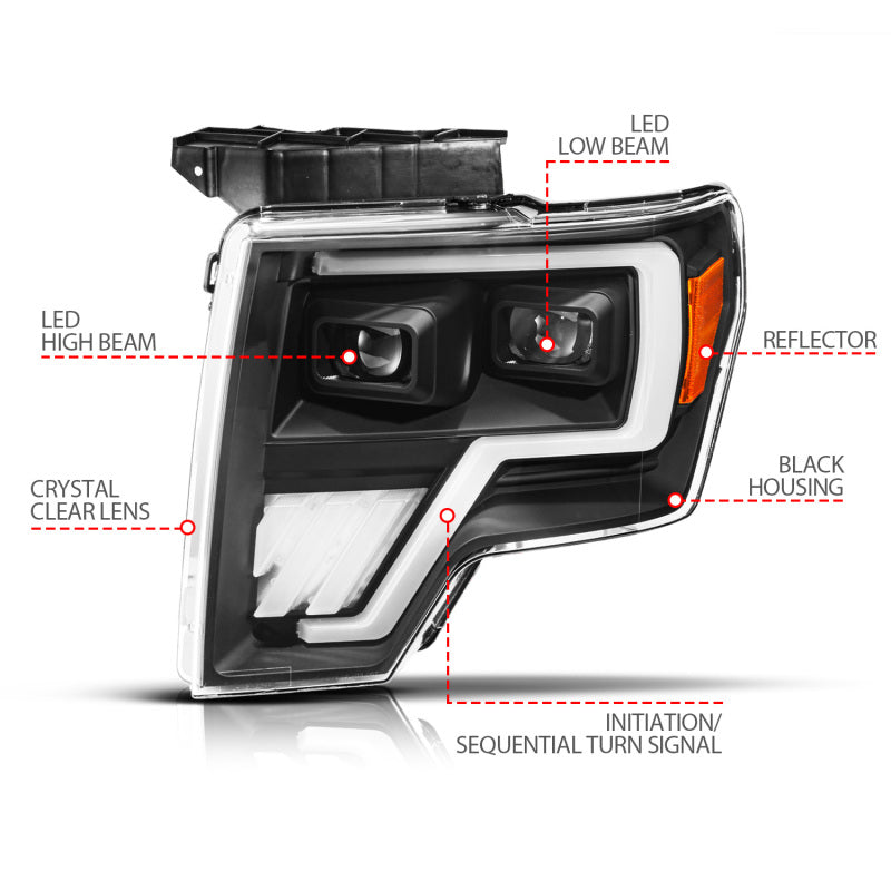 ANZO 09-14 Ford F-150 (Factory Halogen Model ONLY) Full LED Proj Headlights Init/SeqSig Black - Pair 111629A 111629A User 1