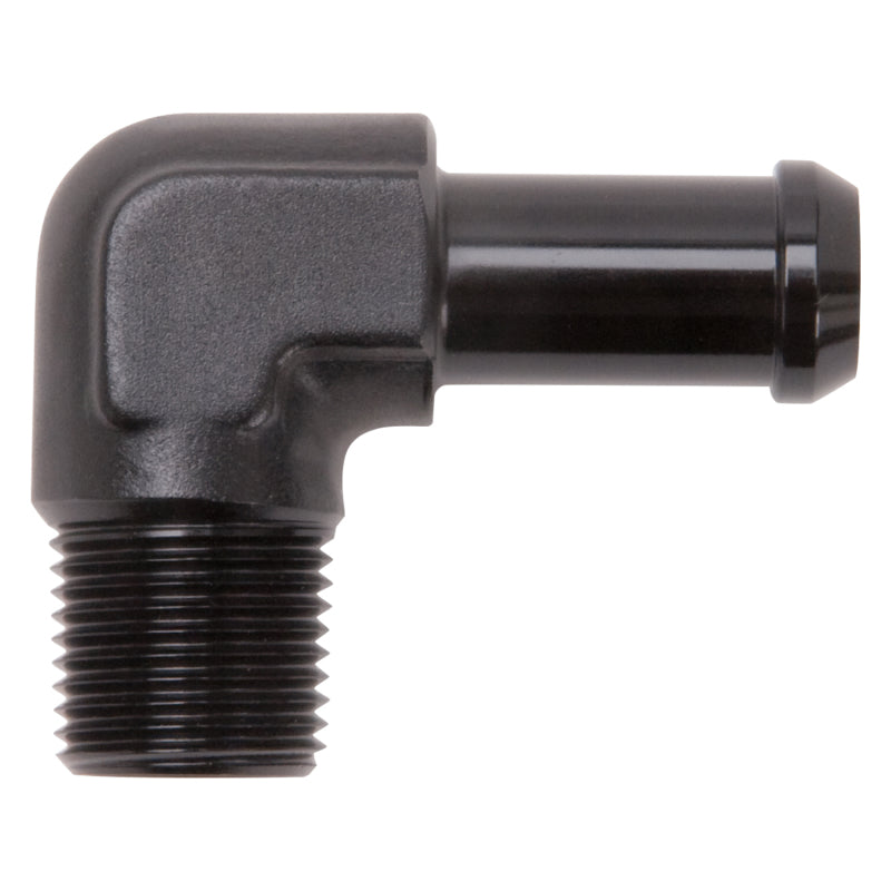 Edelbrock Hose End, 90-Degree, 3/8" NPT TO 1/2" Barb, Black Anodize 8163 Photo - Primary