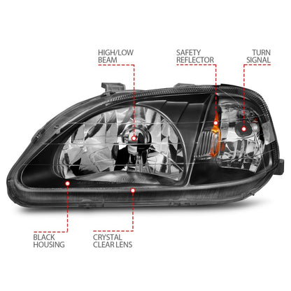 Anzo 1999-2000 Honda Civic Crystal Headlights Black 121070 Photo - Unmounted