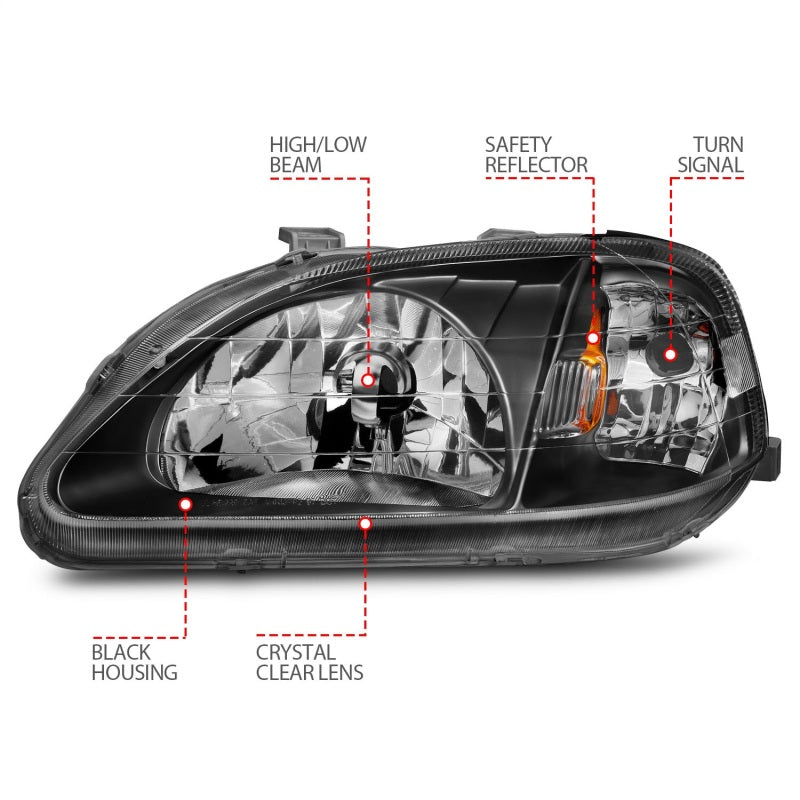 Anzo 1999-2000 Honda Civic Crystal Headlights Black 121070 Photo - Unmounted