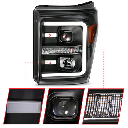 ANZO 2011-2016 Ford F250 Projector Headlights w/ Plank Style Switchback Black w/ Amber 111406 111406 Photo - out of package
