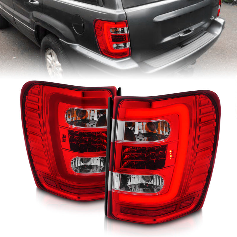 ANZO 1999-2004 Jeep Grand Cherokee LED Tail Lights w/ Light Bar Chrome Housing Red/Clear Lens 311396 311396 Photo - Primary
