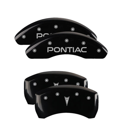 MGP 4 Caliper Covers Engraved Front Pontiac Engraved Rear Arrow Black finish silver ch 18025SPONBK 18025SPONBK Photo - Primary