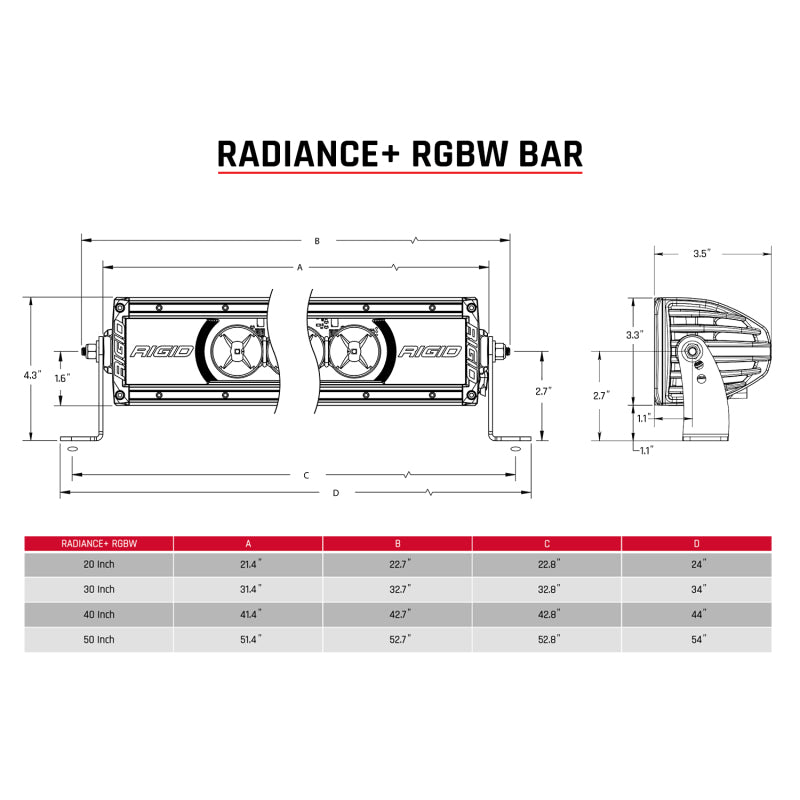 Rigid Industries Radiance+ 50in. RGBW Light Bar 250053 250053 Technical Drawing