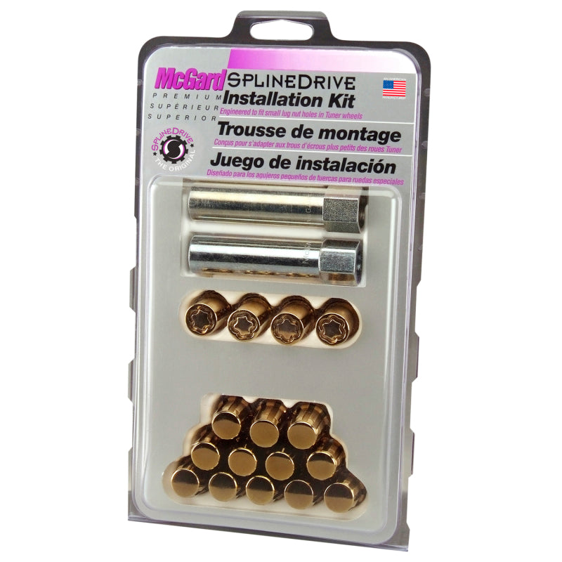 McGard SplineDrive Tuner 4 Lug Install Kit w/Locks & Tool (Cone) M12x1.5 / 13/16 Hex - Gold (CS) 65457GDC 65457GDC Photo - in package