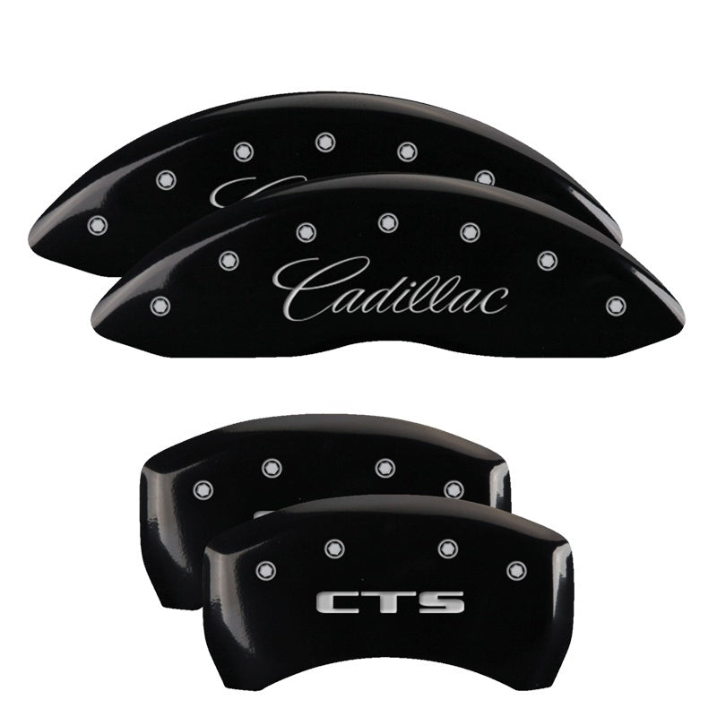 MGP 4 Caliper Covers Engraved Front Cursive/Cadillac Engraved Rear CTS Black finish silver ch 35020SCTSBK 35020SCTSBK Photo - Primary