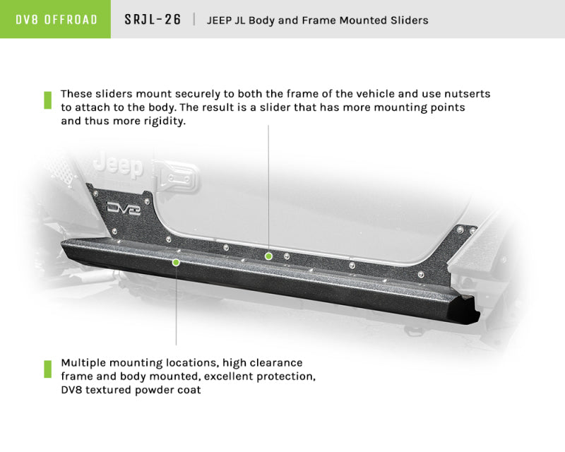 DV8 Offroad 2018+ Jeep Gladiator Frame Mounted Sliders SRJL-26 SRJL-26 Product Brochure - a specific brochure describing a Product