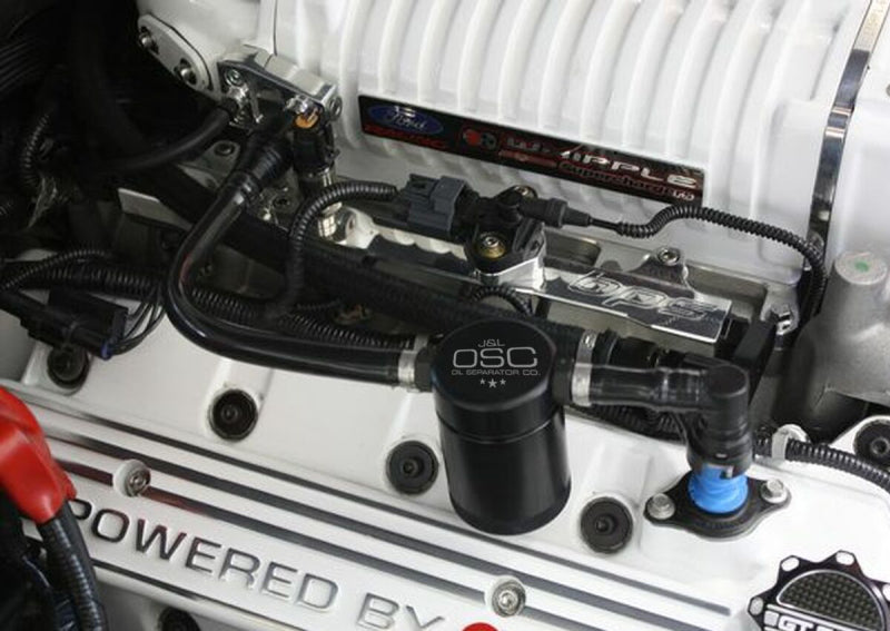 J&L 07-14 Ford Mustang GT500 Passenger Side Oil Separator 3.0 - Black Anodized 3012P-B 3012P-B Photo - Mounted