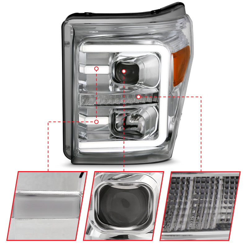 ANZO 11-16 Ford F-250/F-350/F-450 Projector Headlights w/ Plank Style Switchback Chrome w/Amber 111407 111407 Photo - out of package