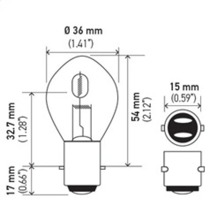 Hella Bulb 6260 12V 60/60W Ba20D B11 S2 6260 6260 Technical Drawing
