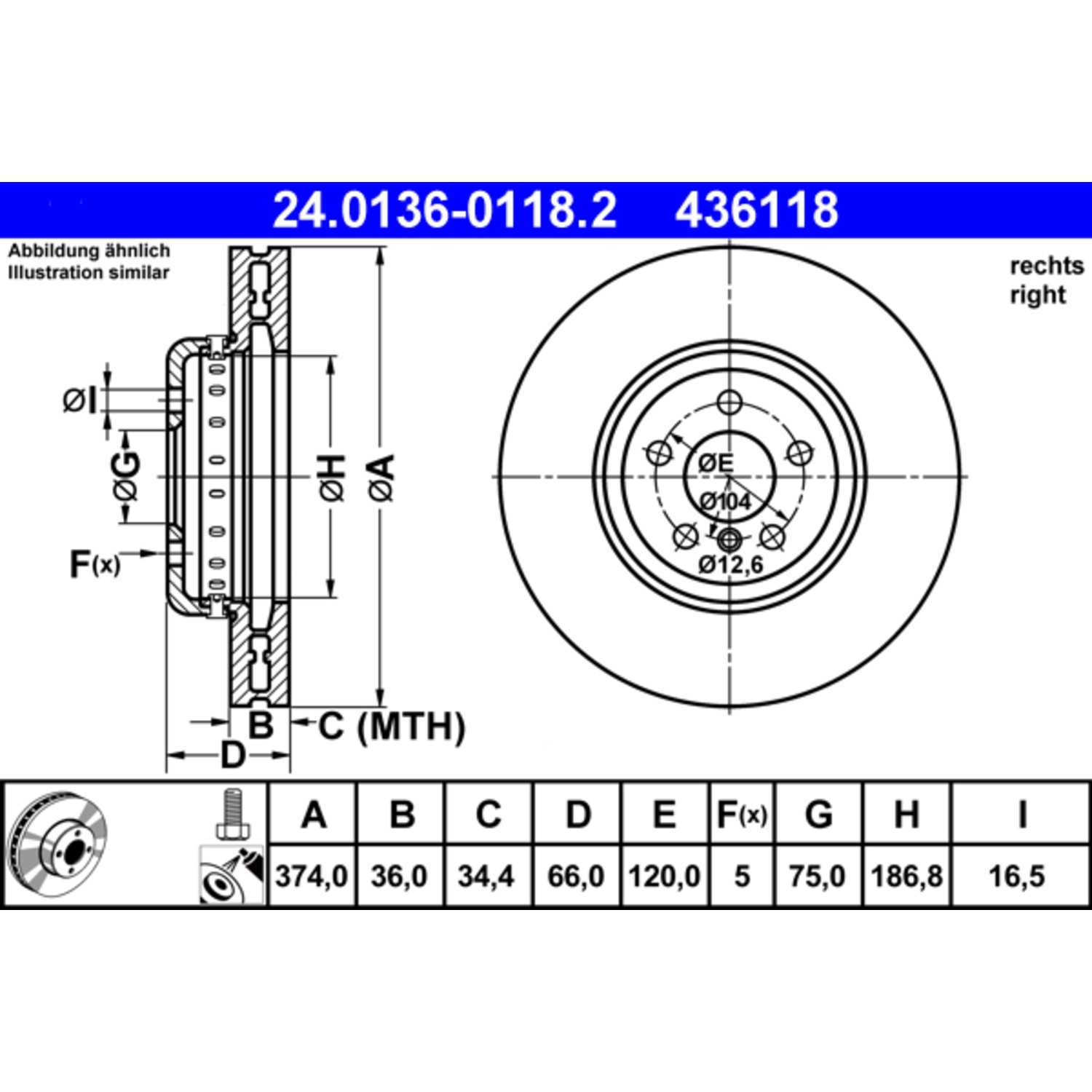 ATE Disc Brake Rotor 436118