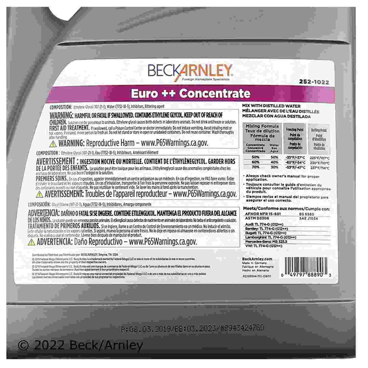 Beck/Arnley Engine Coolant / Antifreeze 252-1022