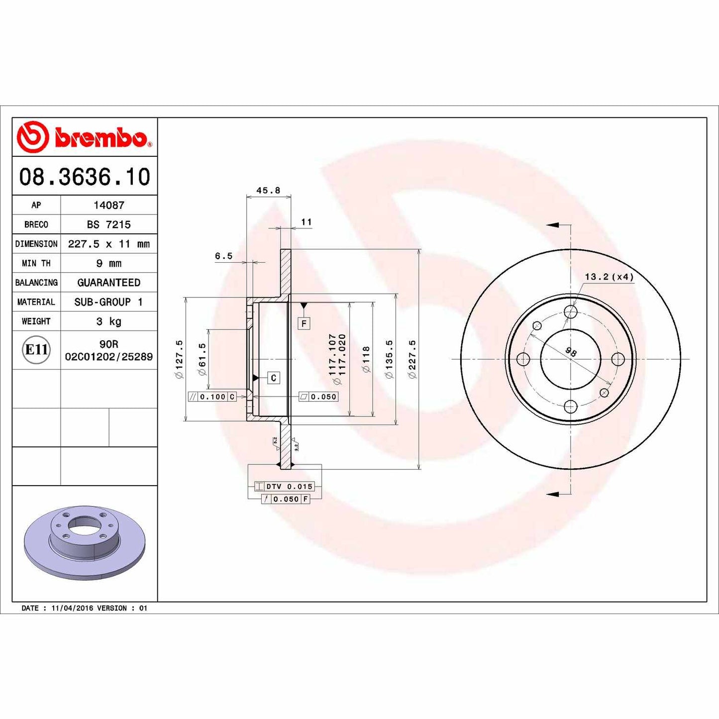 Brembo OE Brembo 84-89 Bertone X-1/9/67-83 Fiat 124/71-79 128/69-73 850 Front Premium OE Equivalent Rotor 08.3636.10