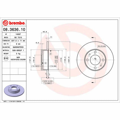 Brembo OE Brembo 84-89 Bertone X-1/9/67-83 Fiat 124/71-79 128/69-73 850 Front Premium OE Equivalent Rotor 08.3636.10