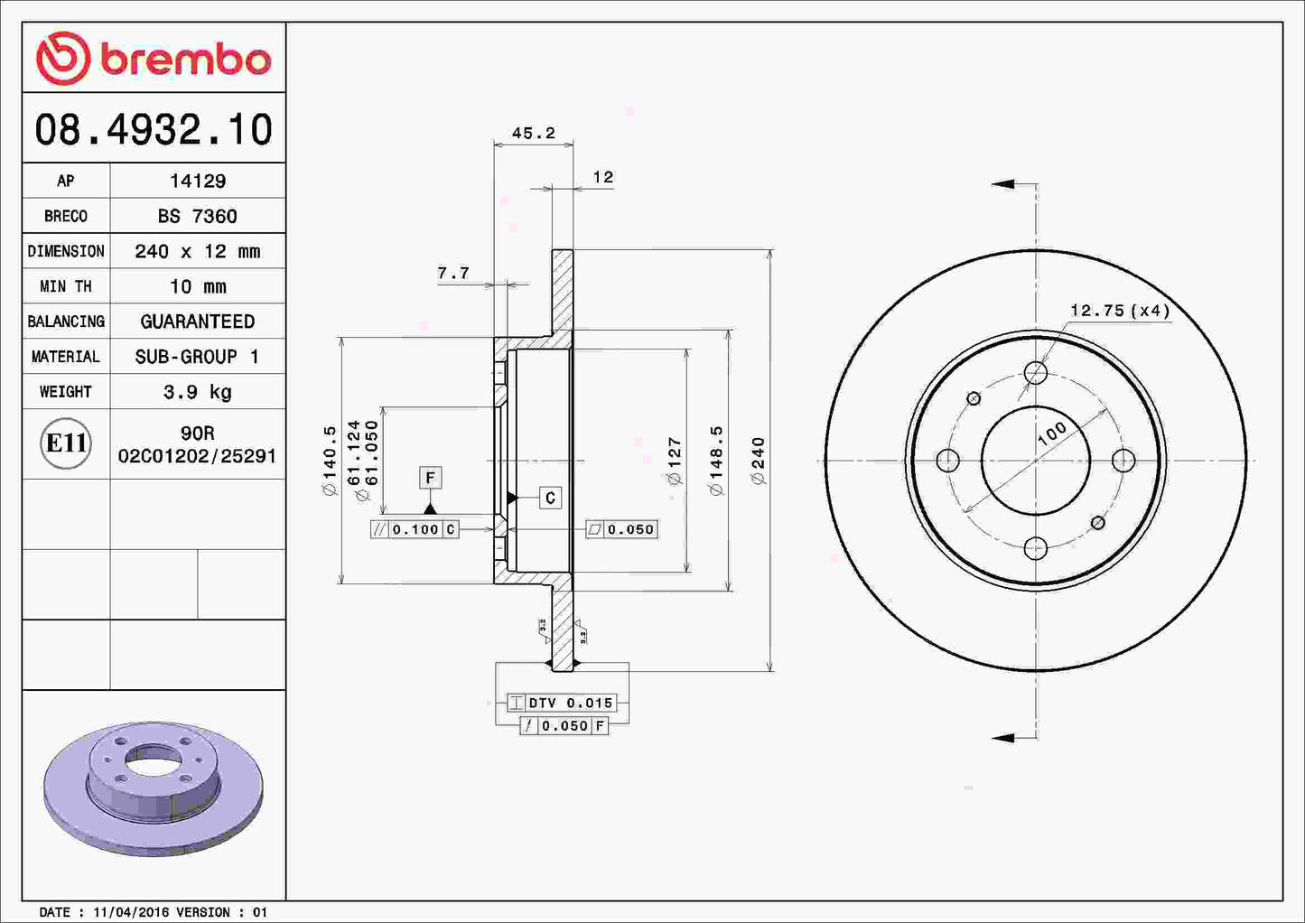 Brembo OE Brembo 1990 Nissan Pulsar NX/87-90 Sentra Front Premium OE Equivalent Rotor 08.4932.10