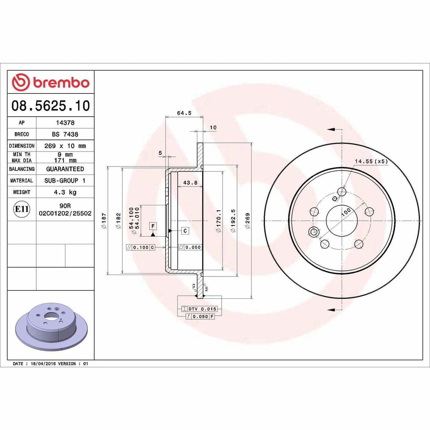 Brembo OE Brembo 90-91 Lexus ES250/88-91 Toyota Camry/86-93 Celica Rear Premium OE Equivalent Rotor 08.5625.10