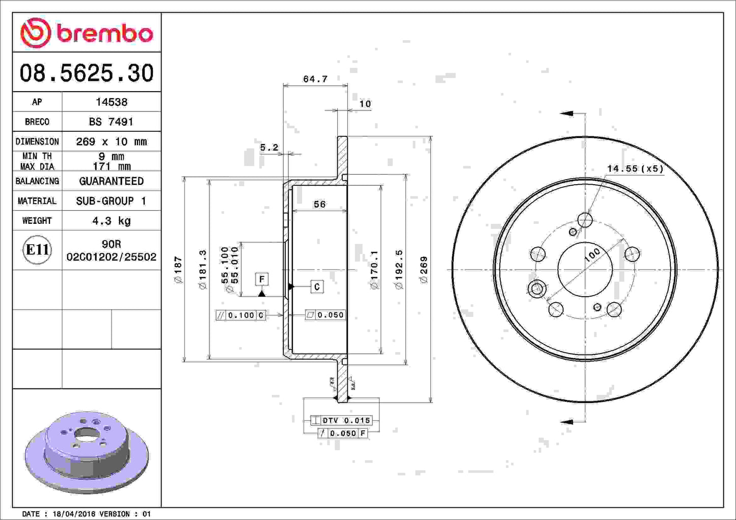 Brembo Disc Brake Rotor 08.5625.30