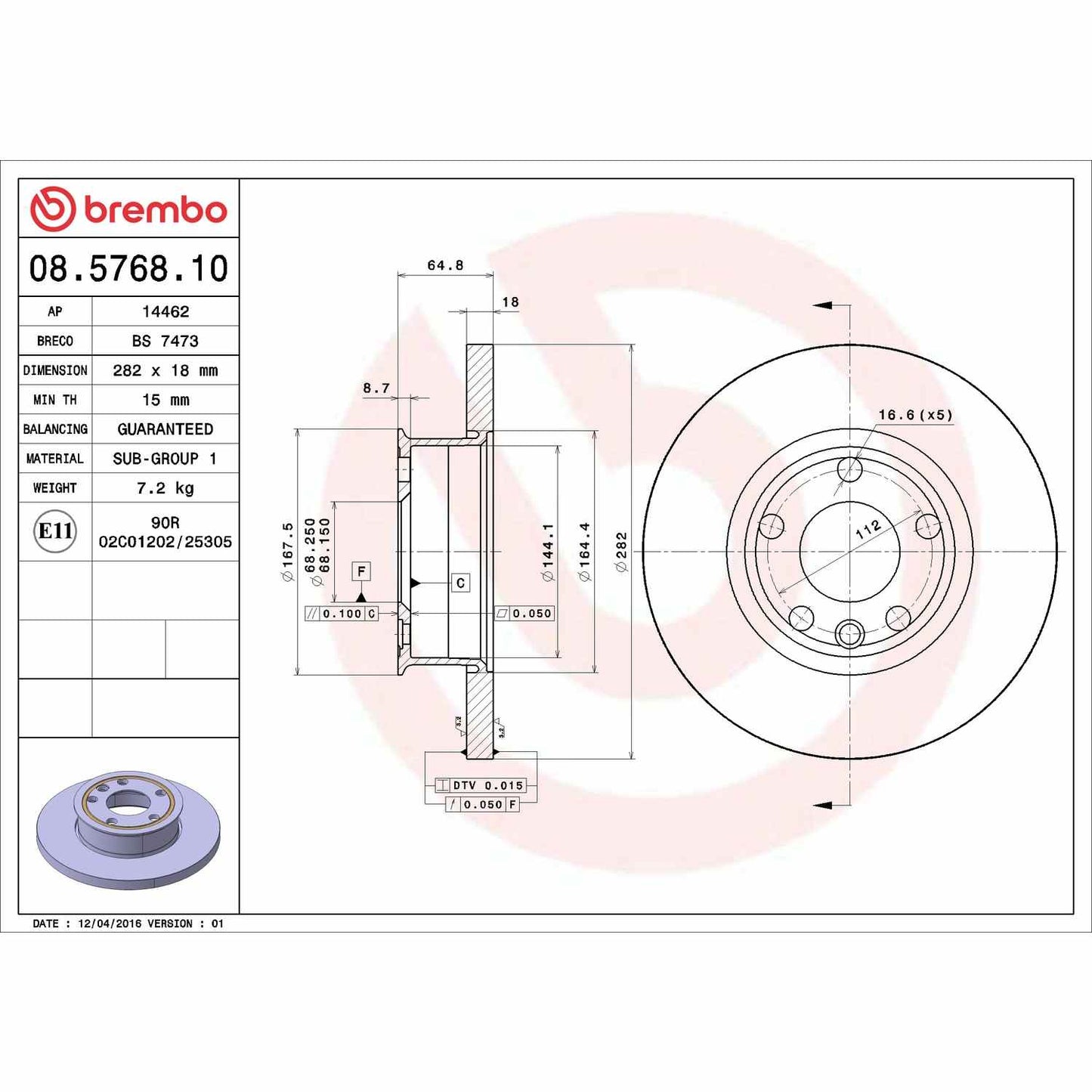 Brembo OE Brembo 1993 Volkswagen EuroVan Front Premium OE Equivalent Rotor 08.5768.10