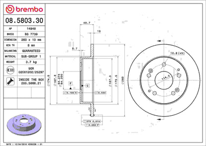 Brembo OE Brembo 04-05 Honda Civic Rear Premium OE Equivalent Rotor 08.5803.30