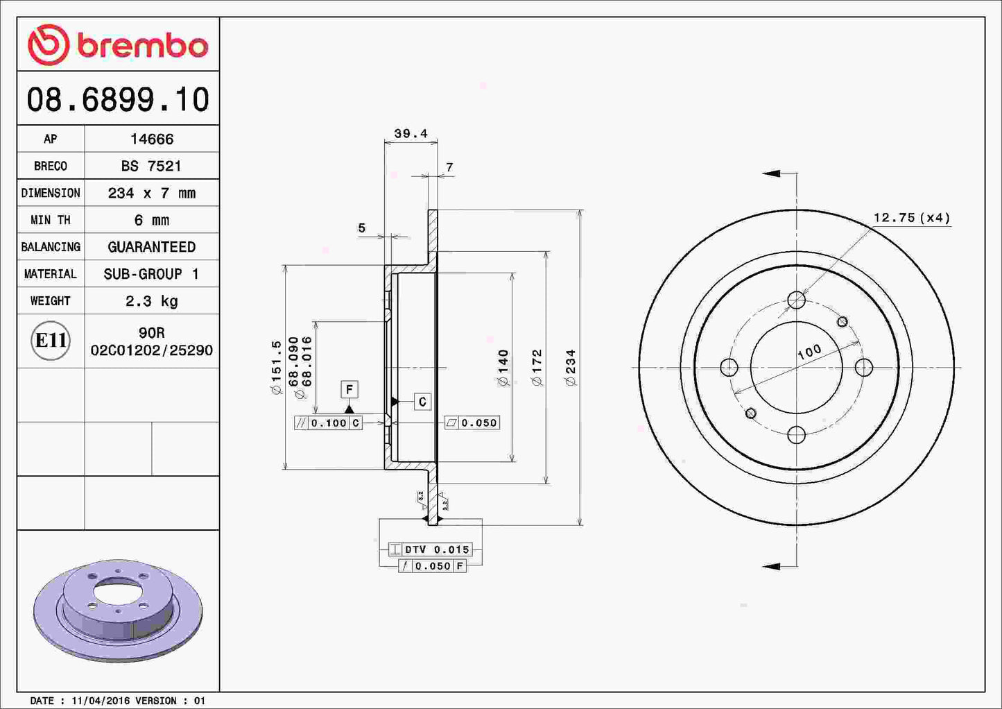 Brembo OE Brembo 95-98 Nissan 200SX/91-93 NX/91-99 Sentra Rear Premium OE Equivalent Rotor 08.6899.10