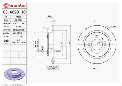 Brembo OE Brembo 95-98 Nissan 200SX/91-93 NX/91-99 Sentra Rear Premium OE Equivalent Rotor 08.6899.10