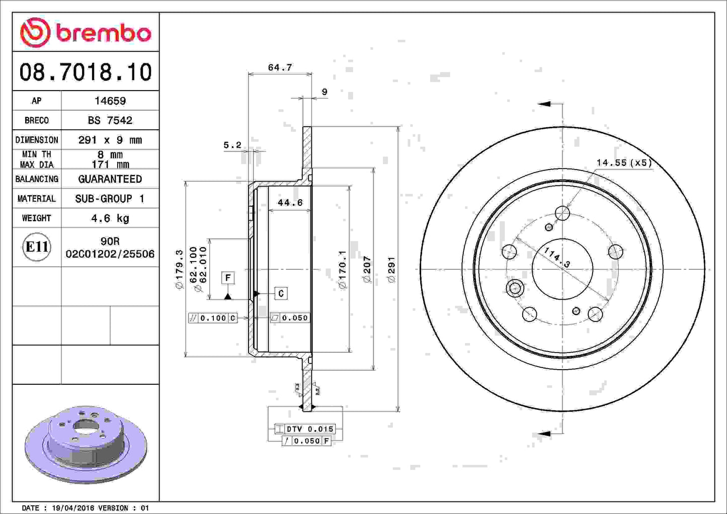 Brembo OE Brembo 95-99 Toyota Avalon Rear Premium OE Equivalent Rotor 08.7018.10