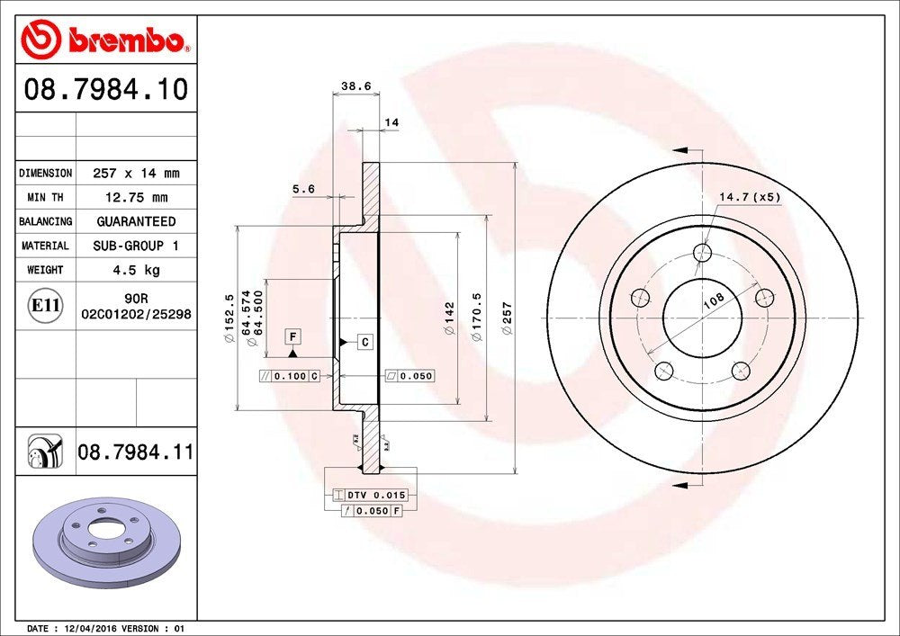 Brembo OE Brembo 93-07 Ford Taurus/93-02 Lincoln Continental Rear Premium UV Coated OE Equivalent Rotor 08.7984.11