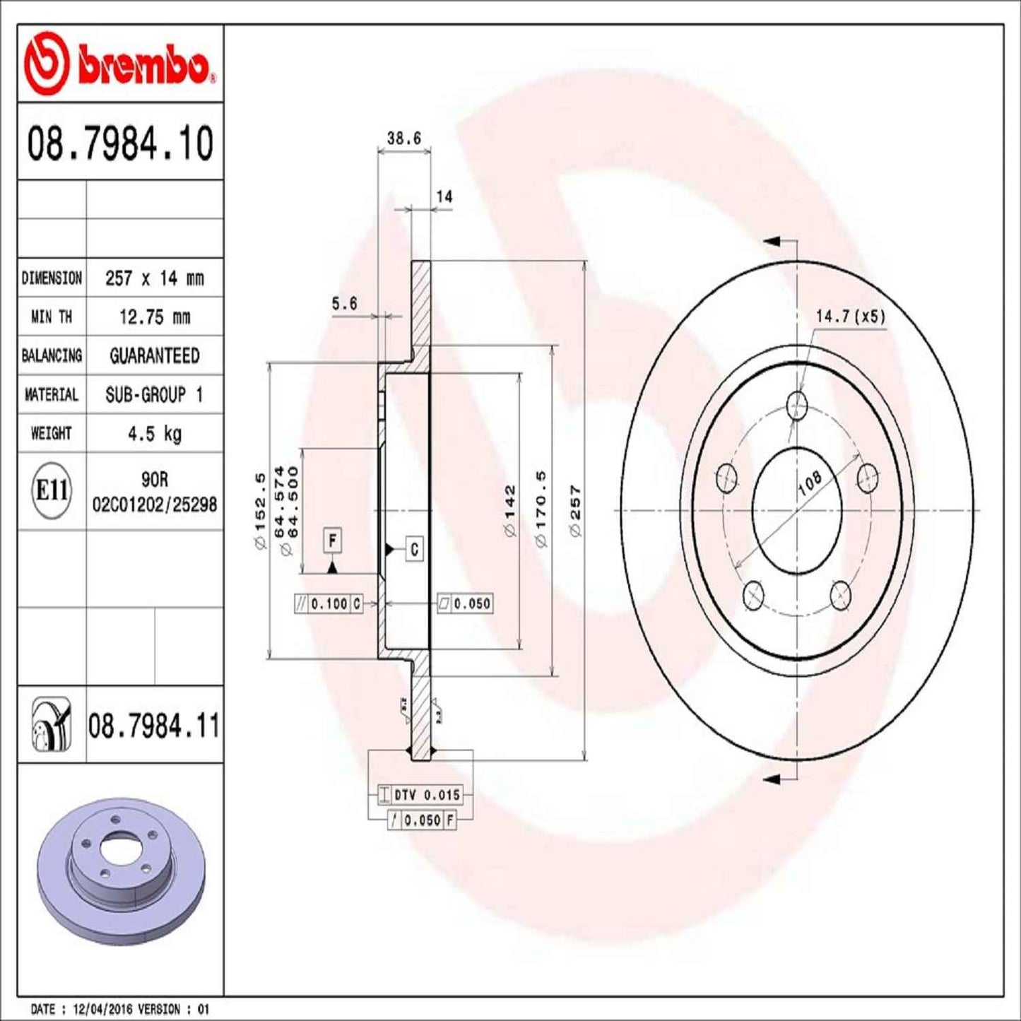 Brembo OE Brembo 93-07 Ford Taurus/93-02 Lincoln Continental Rear Premium UV Coated OE Equivalent Rotor 08.7984.11