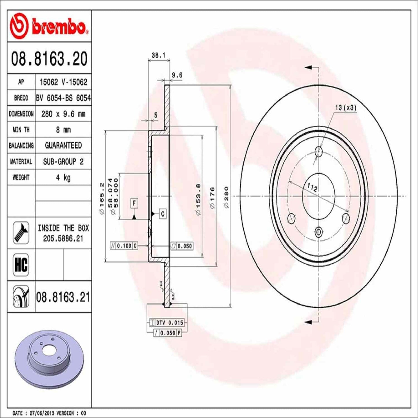 Brembo OE Brembo 08-16 Smart Fortwo Front Premium UV Coated OE Equivalent Rotor 08.8163.21